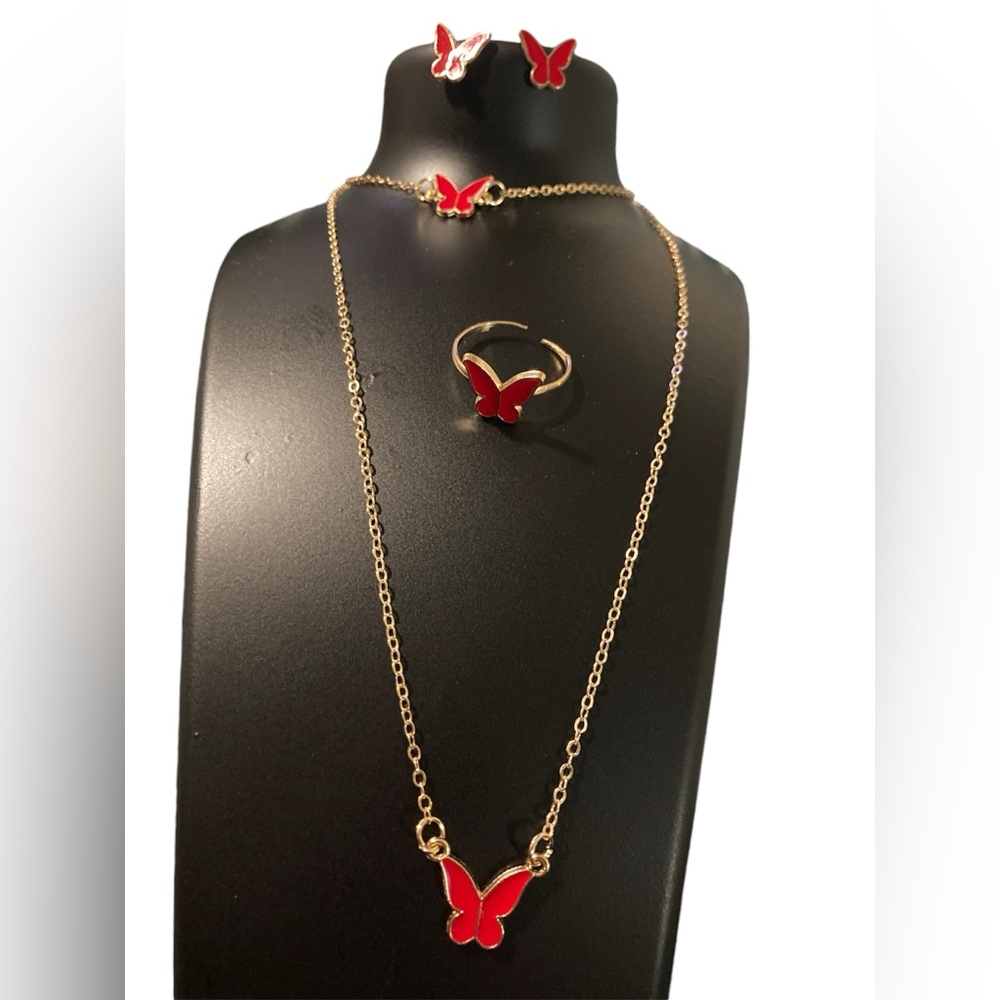 Gold and Red enamel butterfly jewlery set